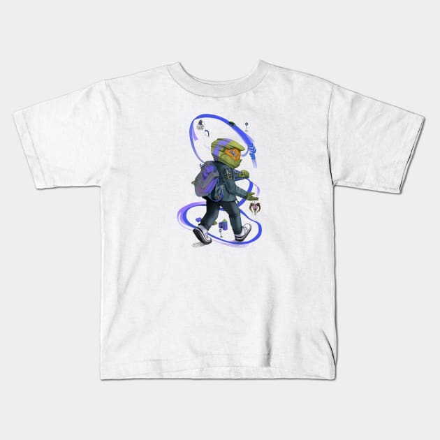 Biker Backpacker - Yellow + Blue Kids T-Shirt by Haley Manchon